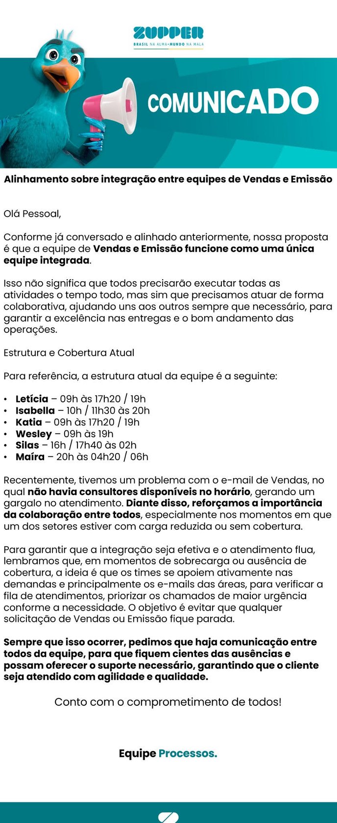 Alinhamento sobre integração entre equipes de Vendas e Emissão​